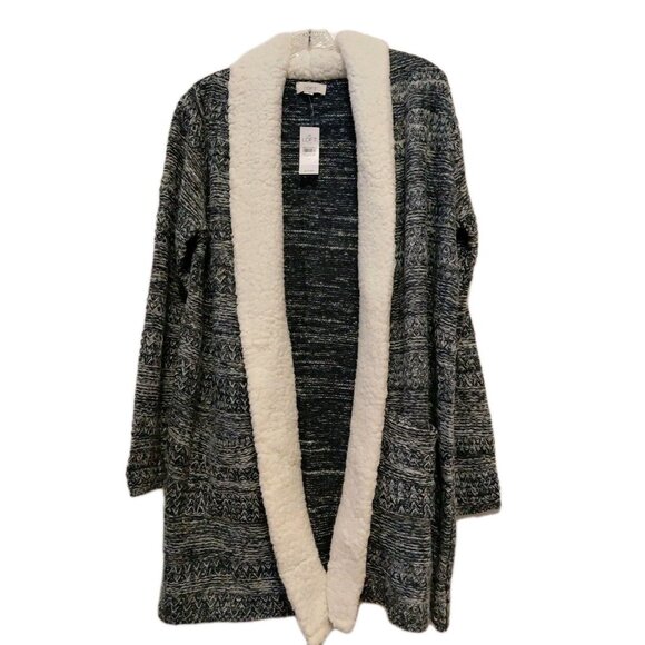 New Ann Taylor Loft Women's Sweater Cardigan Sherpa Trim Pockets Gray Ivory Med - Picture 1 of 7